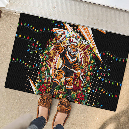 Personalized Wests Tigers Rugby Christmas Rubber Doormat Holiday Mascot Graphic Art Festive Lights Bow