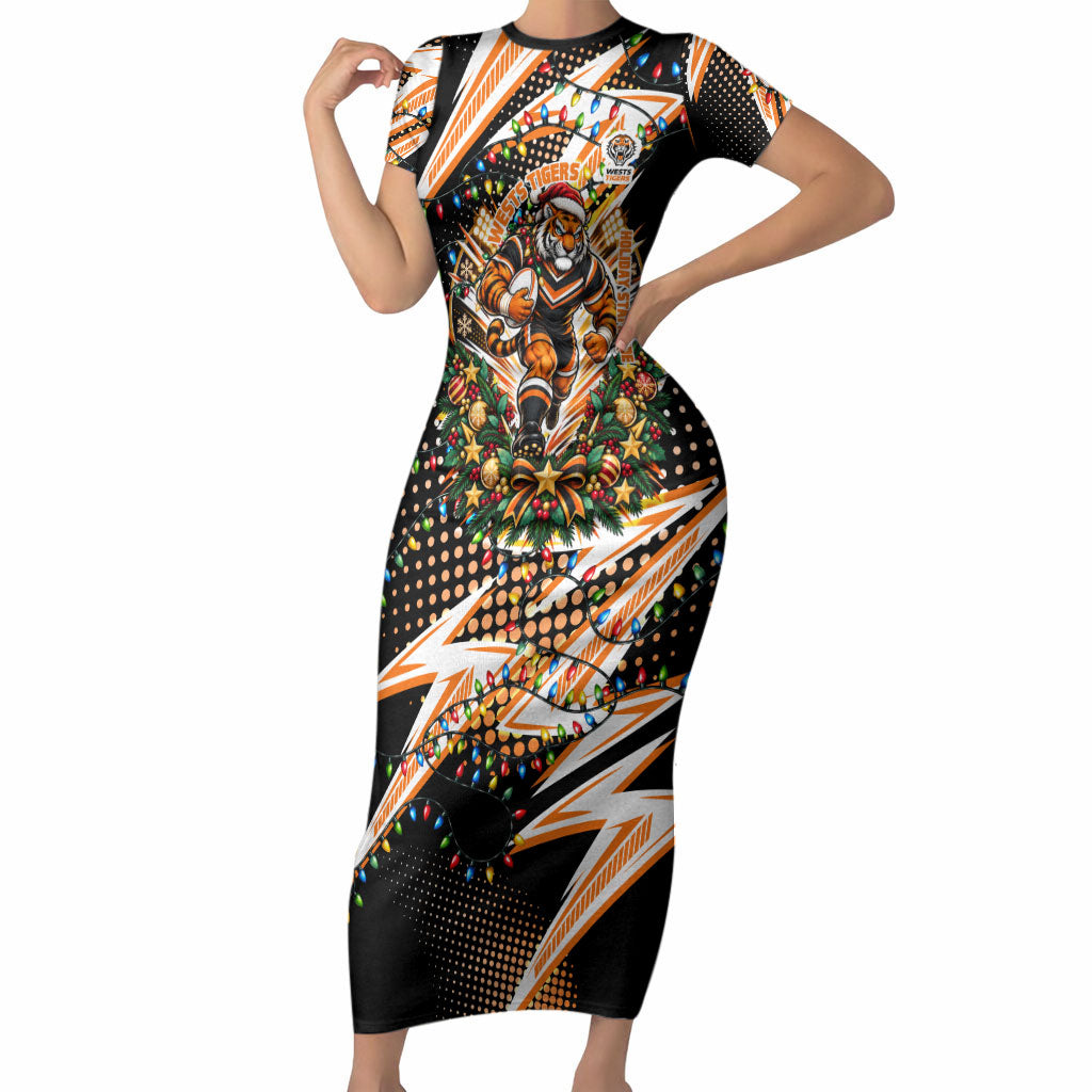 Personalized Wests Tigers Rugby Christmas Short Sleeve Bodycon Dress Holiday Mascot Graphic Art Festive Lights Bow