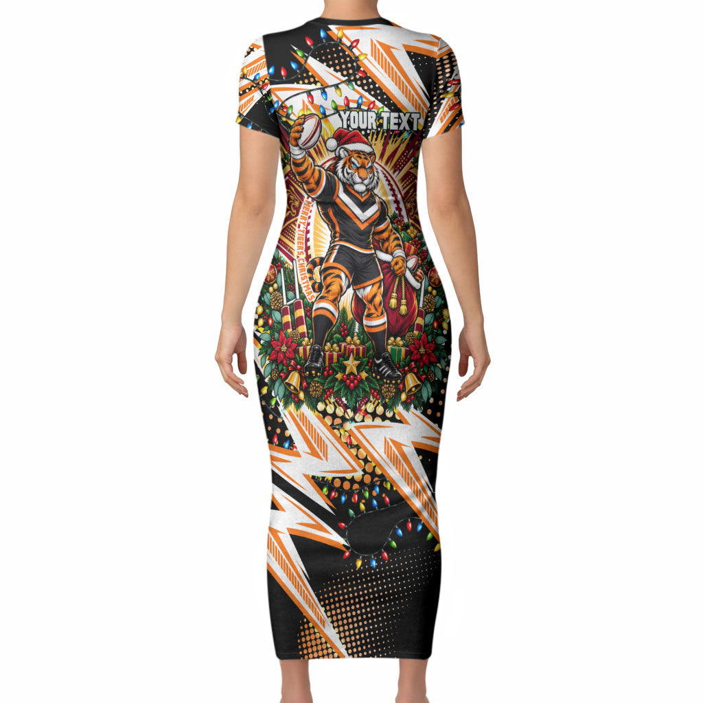 Personalized Wests Tigers Rugby Christmas Short Sleeve Bodycon Dress Holiday Mascot Graphic Art Festive Lights Bow
