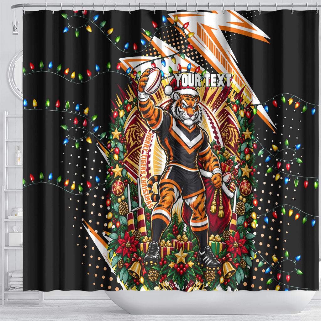 Personalized Wests Tigers Rugby Christmas Shower Curtain Holiday Mascot Graphic Art Festive Lights Bow