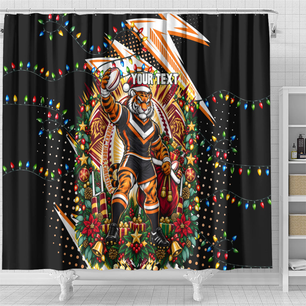 Personalized Wests Tigers Rugby Christmas Shower Curtain Holiday Mascot Graphic Art Festive Lights Bow