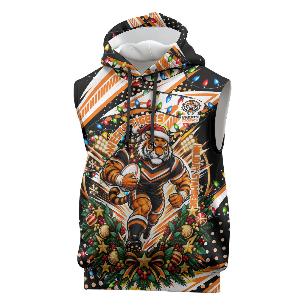 Personalized Wests Tigers Rugby Christmas Sleeveless Hoodie Holiday Mascot Graphic Art Festive Lights Bow