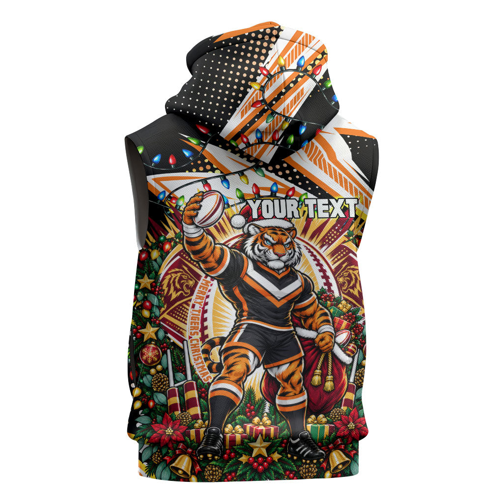 Personalized Wests Tigers Rugby Christmas Sleeveless Hoodie Holiday Mascot Graphic Art Festive Lights Bow