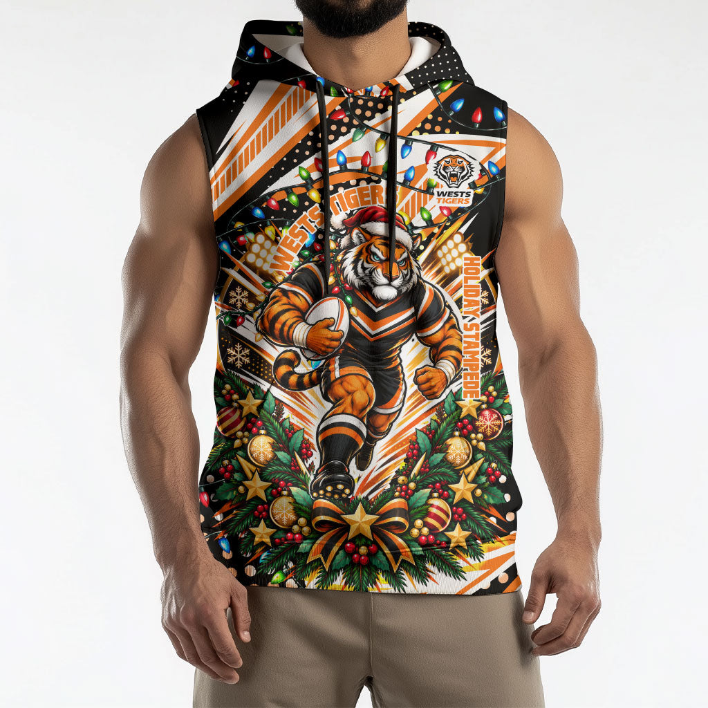 Personalized Wests Tigers Rugby Christmas Sleeveless Hoodie Holiday Mascot Graphic Art Festive Lights Bow