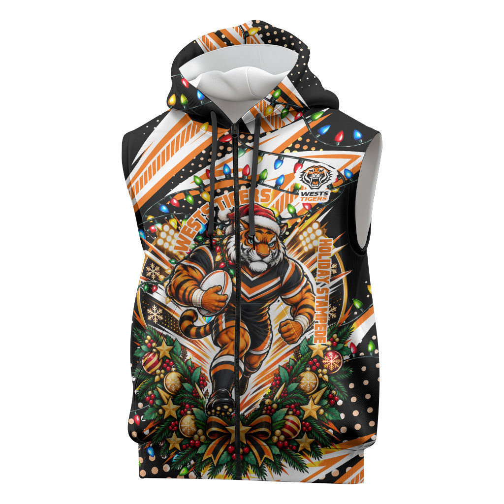 Personalized Wests Tigers Rugby Christmas Sleeveless Zip Hoodie Holiday Mascot Graphic Art Festive Lights Bow