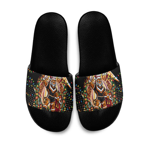 Personalized Wests Tigers Rugby Christmas Slide Sandals Holiday Mascot Graphic Art Festive Lights Bow