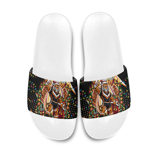 Personalized Wests Tigers Rugby Christmas Slide Sandals Holiday Mascot Graphic Art Festive Lights Bow