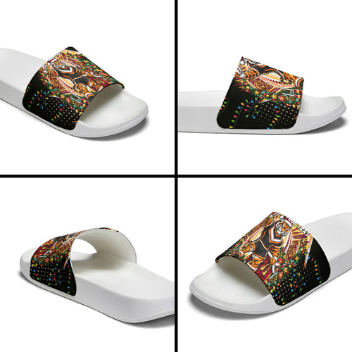 Personalized Wests Tigers Rugby Christmas Slide Sandals Holiday Mascot Graphic Art Festive Lights Bow