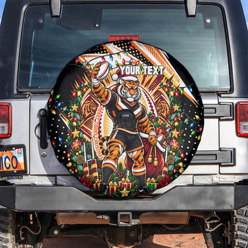 Personalized Wests Tigers Rugby Christmas Spare Tire Cover Holiday Mascot Graphic Art Festive Lights Bow