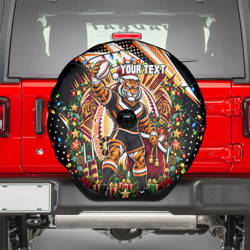 Personalized Wests Tigers Rugby Christmas Spare Tire Cover Holiday Mascot Graphic Art Festive Lights Bow