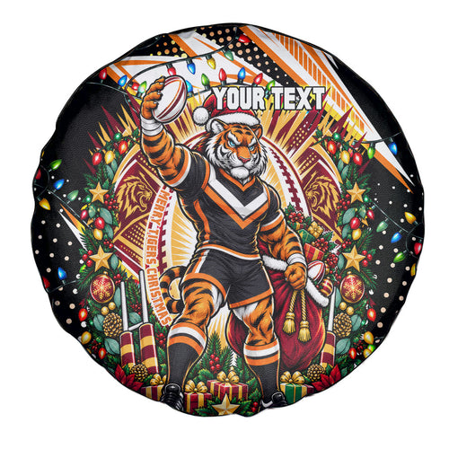 Personalized Wests Tigers Rugby Christmas Spare Tire Cover Holiday Mascot Graphic Art Festive Lights Bow