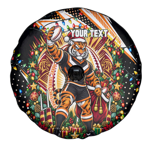 Personalized Wests Tigers Rugby Christmas Spare Tire Cover Holiday Mascot Graphic Art Festive Lights Bow