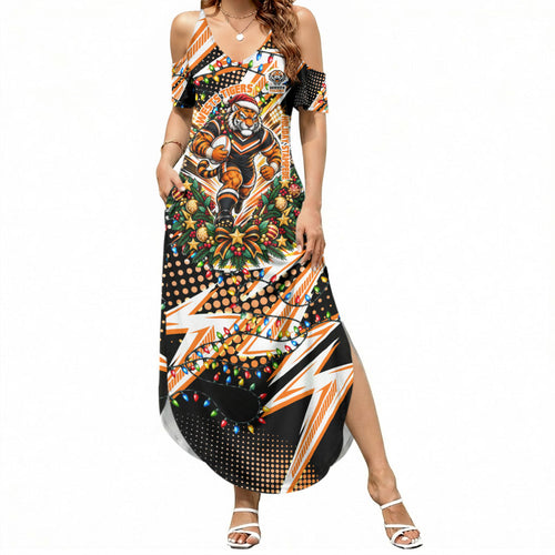 Personalized Wests Tigers Rugby Christmas Summer Maxi Dress Holiday Mascot Graphic Art Festive Lights Bow