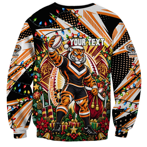 Personalized Wests Tigers Rugby Christmas Sweatshirt Holiday Mascot Graphic Art Festive Lights Bow