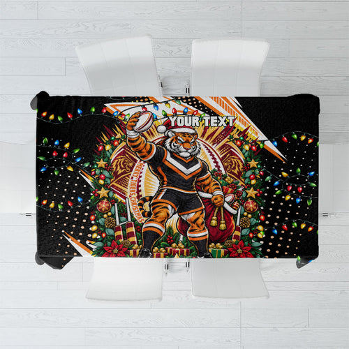 Personalized Wests Tigers Rugby Christmas Tablecloth Holiday Mascot Graphic Art Festive Lights Bow