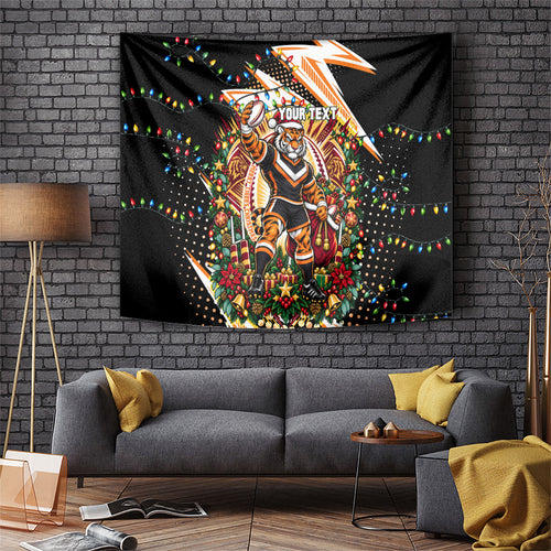 Personalized Wests Tigers Rugby Christmas Tapestry Holiday Mascot Graphic Art Festive Lights Bow