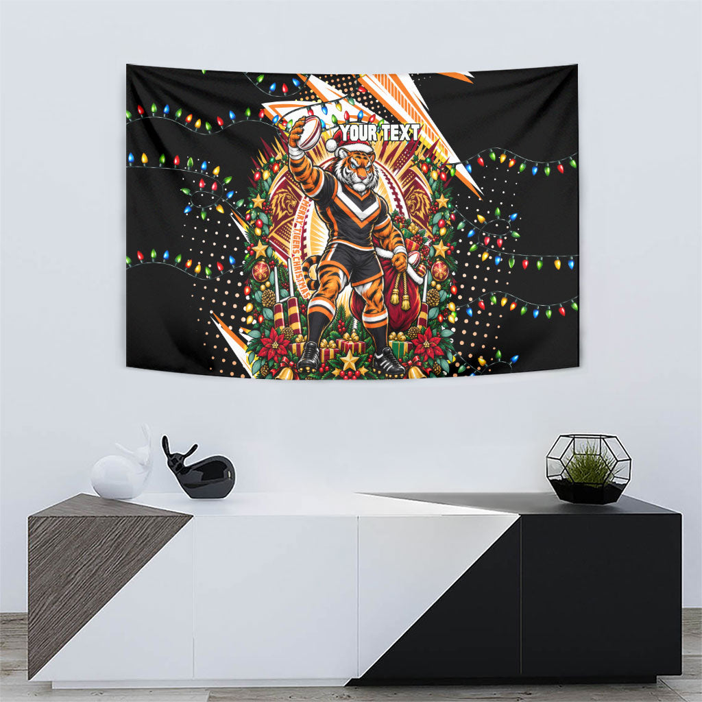 Personalized Wests Tigers Rugby Christmas Tapestry Holiday Mascot Graphic Art Festive Lights Bow