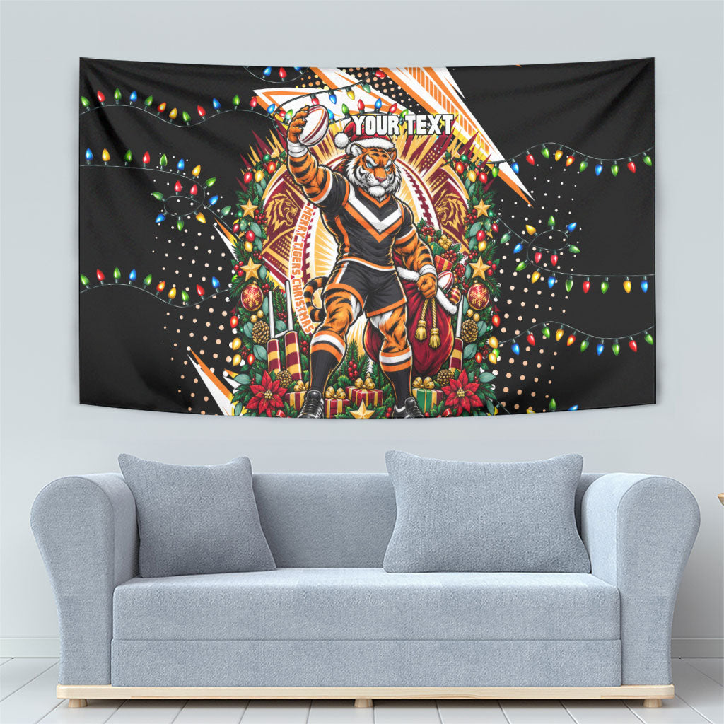 Personalized Wests Tigers Rugby Christmas Tapestry Holiday Mascot Graphic Art Festive Lights Bow
