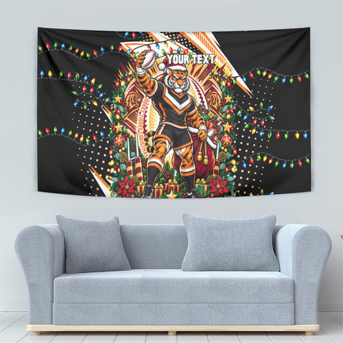 Personalized Wests Tigers Rugby Christmas Tapestry Holiday Mascot Graphic Art Festive Lights Bow