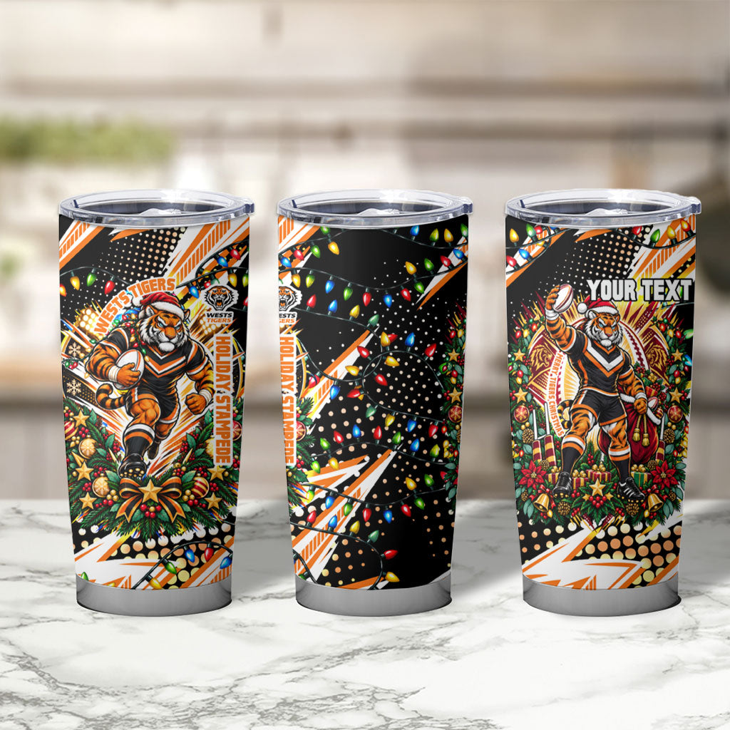 Personalized Wests Tigers Rugby Christmas Tumbler Cup Holiday Mascot Graphic Art Festive Lights Bow
