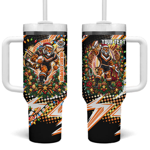 Personalized Wests Tigers Rugby Christmas Tumbler With Handle Holiday Mascot Graphic Art Festive Lights Bow