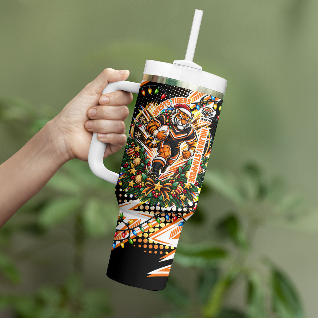 Personalized Wests Tigers Rugby Christmas Tumbler With Handle Holiday Mascot Graphic Art Festive Lights Bow