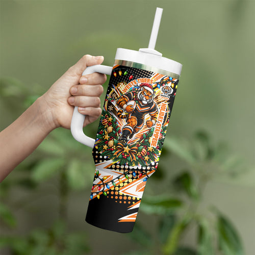 Personalized Wests Tigers Rugby Christmas Tumbler With Handle Holiday Mascot Graphic Art Festive Lights Bow