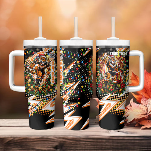 Personalized Wests Tigers Rugby Christmas Tumbler With Handle Holiday Mascot Graphic Art Festive Lights Bow