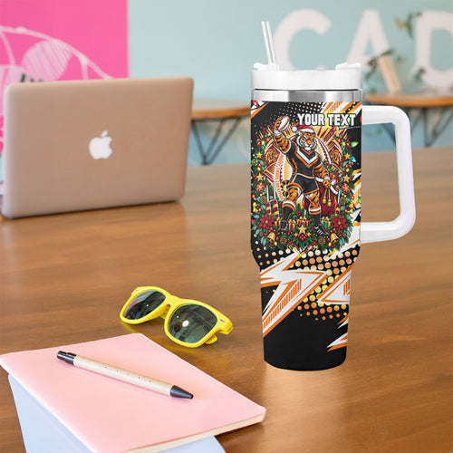 Personalized Wests Tigers Rugby Christmas Tumbler With Handle Holiday Mascot Graphic Art Festive Lights Bow