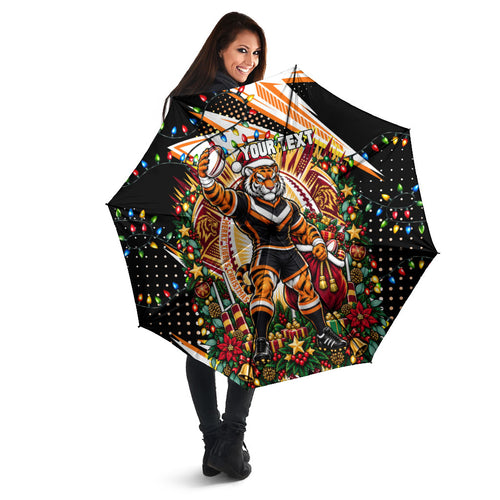 Personalized Wests Tigers Rugby Christmas Umbrella Holiday Mascot Graphic Art Festive Lights Bow