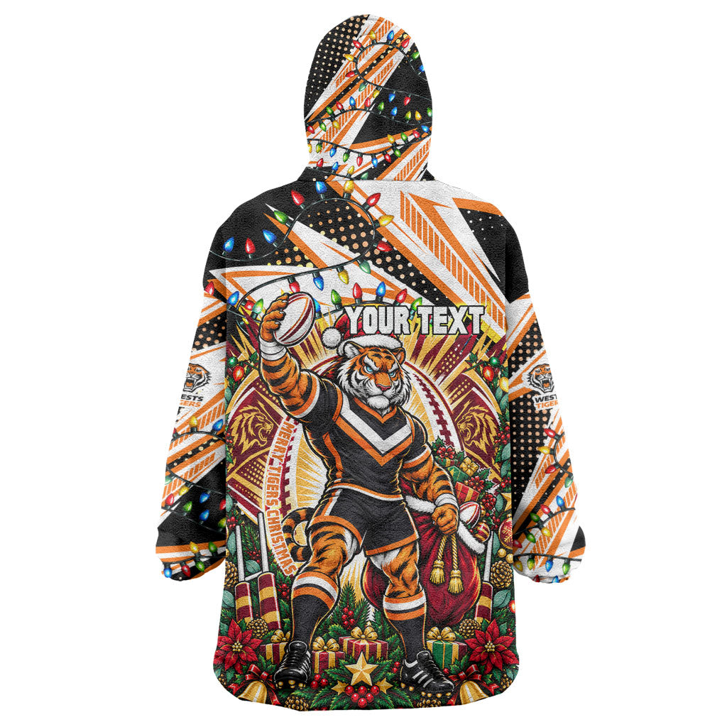Personalized Wests Tigers Rugby Christmas Wearable Blanket Hoodie Holiday Mascot Graphic Art Festive Lights Bow