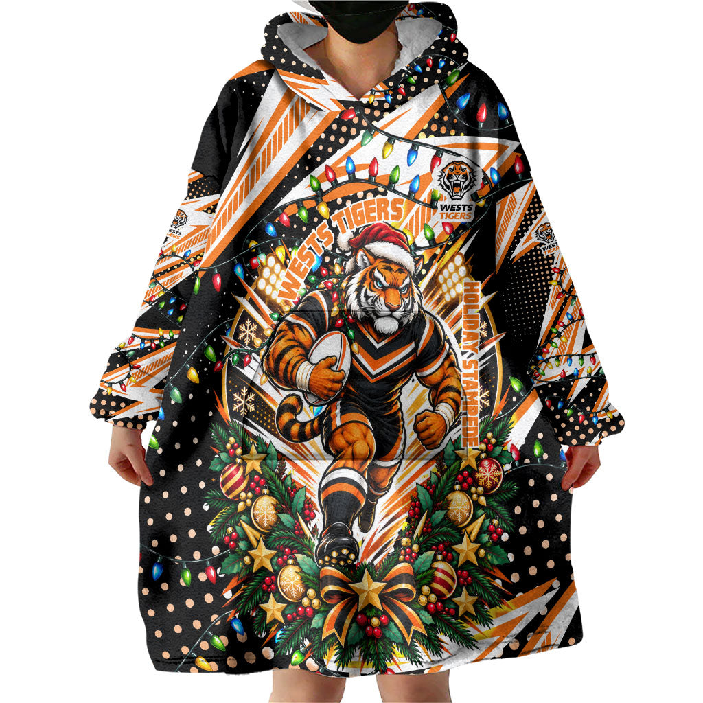 Personalized Wests Tigers Rugby Christmas Wearable Blanket Hoodie Holiday Mascot Graphic Art Festive Lights Bow