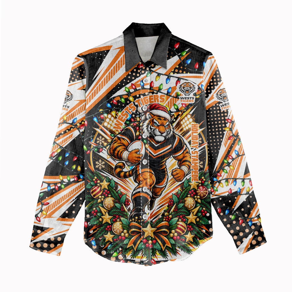 Personalized Wests Tigers Rugby Christmas Women Casual Shirt Holiday Mascot Graphic Art Festive Lights Bow