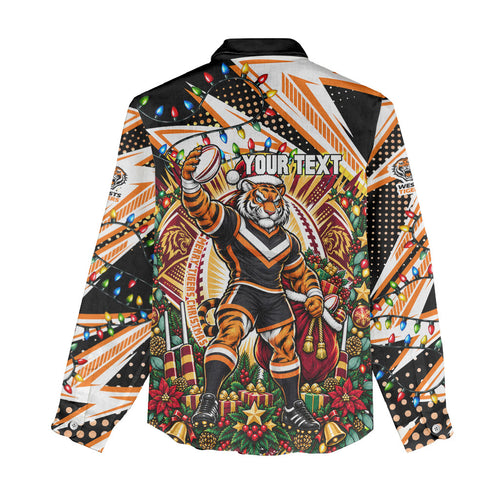Personalized Wests Tigers Rugby Christmas Women Casual Shirt Holiday Mascot Graphic Art Festive Lights Bow
