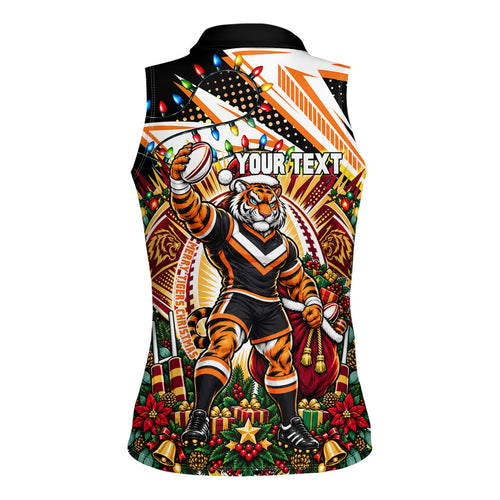 Personalized Wests Tigers Rugby Christmas Women Sleeveless Polo Shirt Holiday Mascot Graphic Art Festive Lights Bow