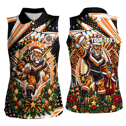 Personalized Wests Tigers Rugby Christmas Women Sleeveless Polo Shirt Holiday Mascot Graphic Art Festive Lights Bow