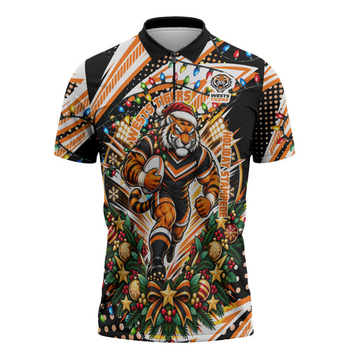 Personalized Wests Tigers Rugby Christmas Zipper Polo Shirt Holiday Mascot Graphic Art Festive Lights Bow