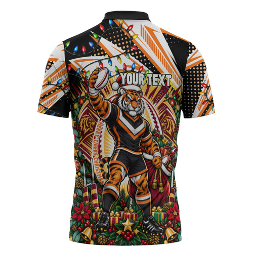 Personalized Wests Tigers Rugby Christmas Zipper Polo Shirt Holiday Mascot Graphic Art Festive Lights Bow