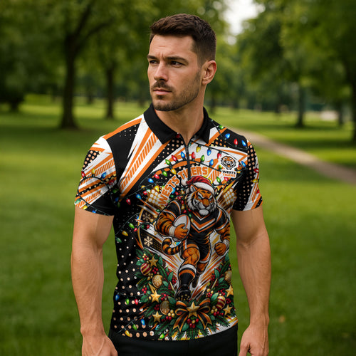 Personalized Wests Tigers Rugby Christmas Zipper Polo Shirt Holiday Mascot Graphic Art Festive Lights Bow