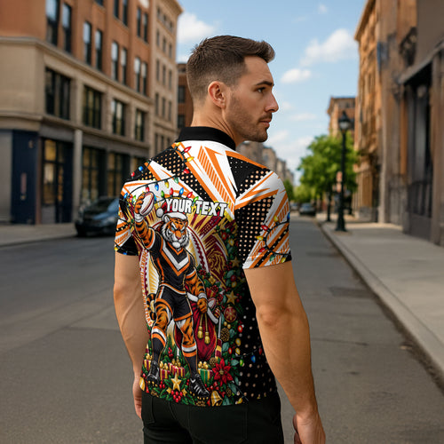Personalized Wests Tigers Rugby Christmas Zipper Polo Shirt Holiday Mascot Graphic Art Festive Lights Bow
