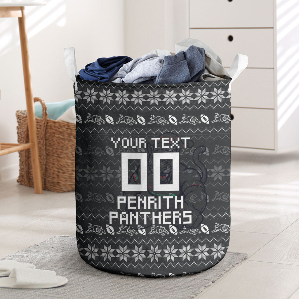 Personalized Penrith Panthers Christmas Laundry Basket Australian Rugby Fans - Pixelated Ugly Xmas Pattern Mascot Santa