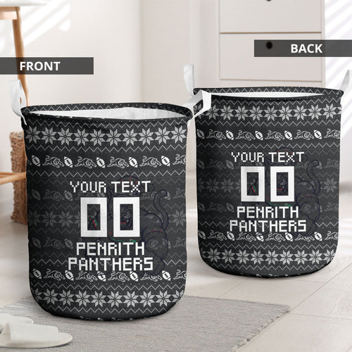 Personalized Penrith Panthers Christmas Laundry Basket Australian Rugby Fans - Pixelated Ugly Xmas Pattern Mascot Santa