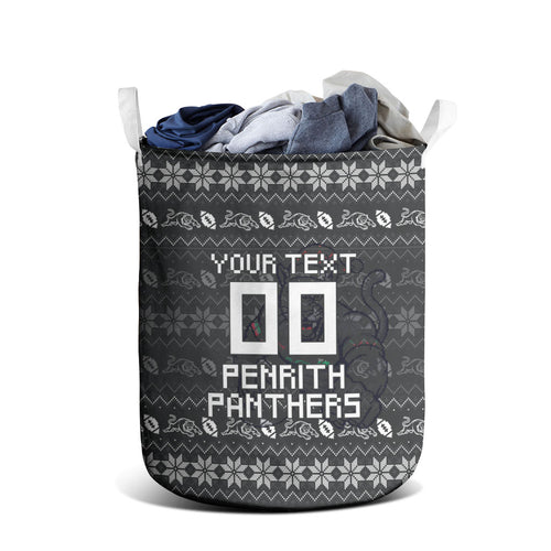 Personalized Penrith Panthers Christmas Laundry Basket Australian Rugby Fans - Pixelated Ugly Xmas Pattern Mascot Santa