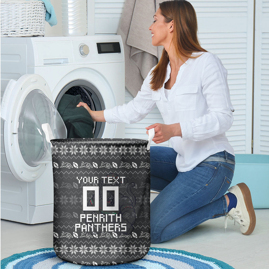 Personalized Penrith Panthers Christmas Laundry Basket Australian Rugby Fans - Pixelated Ugly Xmas Pattern Mascot Santa