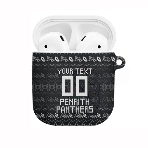 Personalized Penrith Panthers Christmas AirPods Case Australian Rugby Fans - Pixelated Ugly Xmas Pattern Mascot Santa
