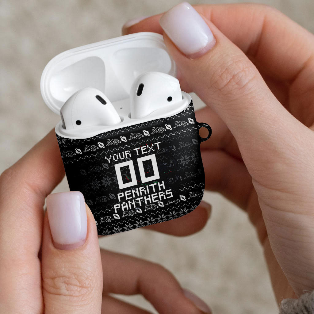 Personalized Penrith Panthers Christmas AirPods Case Australian Rugby Fans - Pixelated Ugly Xmas Pattern Mascot Santa