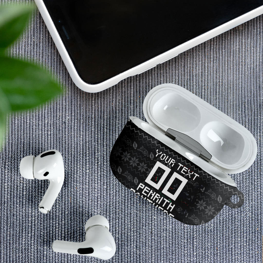 Personalized Penrith Panthers Christmas AirPods Case Australian Rugby Fans - Pixelated Ugly Xmas Pattern Mascot Santa