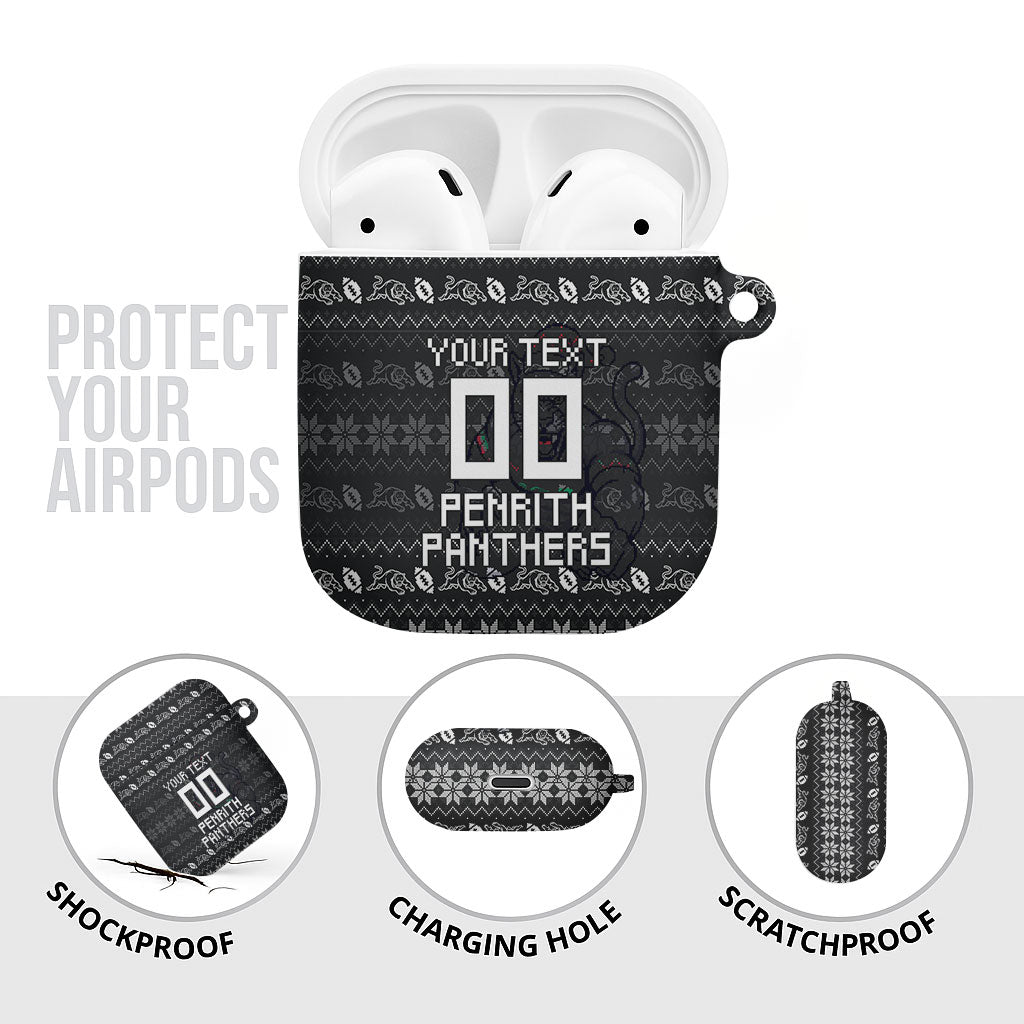 Personalized Penrith Panthers Christmas AirPods Case Australian Rugby Fans - Pixelated Ugly Xmas Pattern Mascot Santa