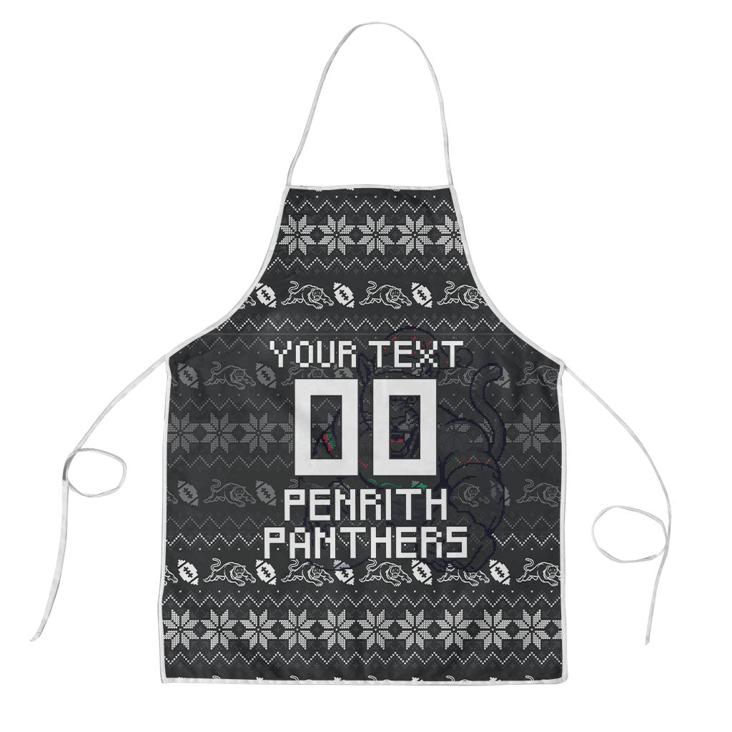 Personalized Penrith Panthers Christmas Apron Australian Rugby Fans - Pixelated Ugly Xmas Pattern Mascot Santa