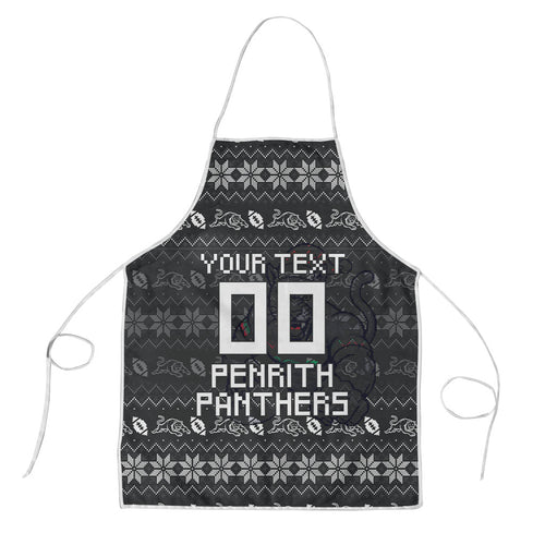 Personalized Penrith Panthers Christmas Apron Australian Rugby Fans - Pixelated Ugly Xmas Pattern Mascot Santa